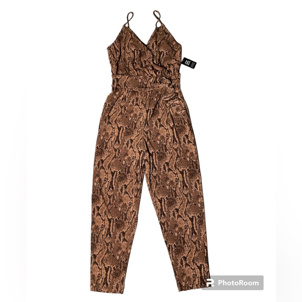 Express Snake Print Jumpsuit‎ Belted Wrap V-Neck Neutral Brown XS New